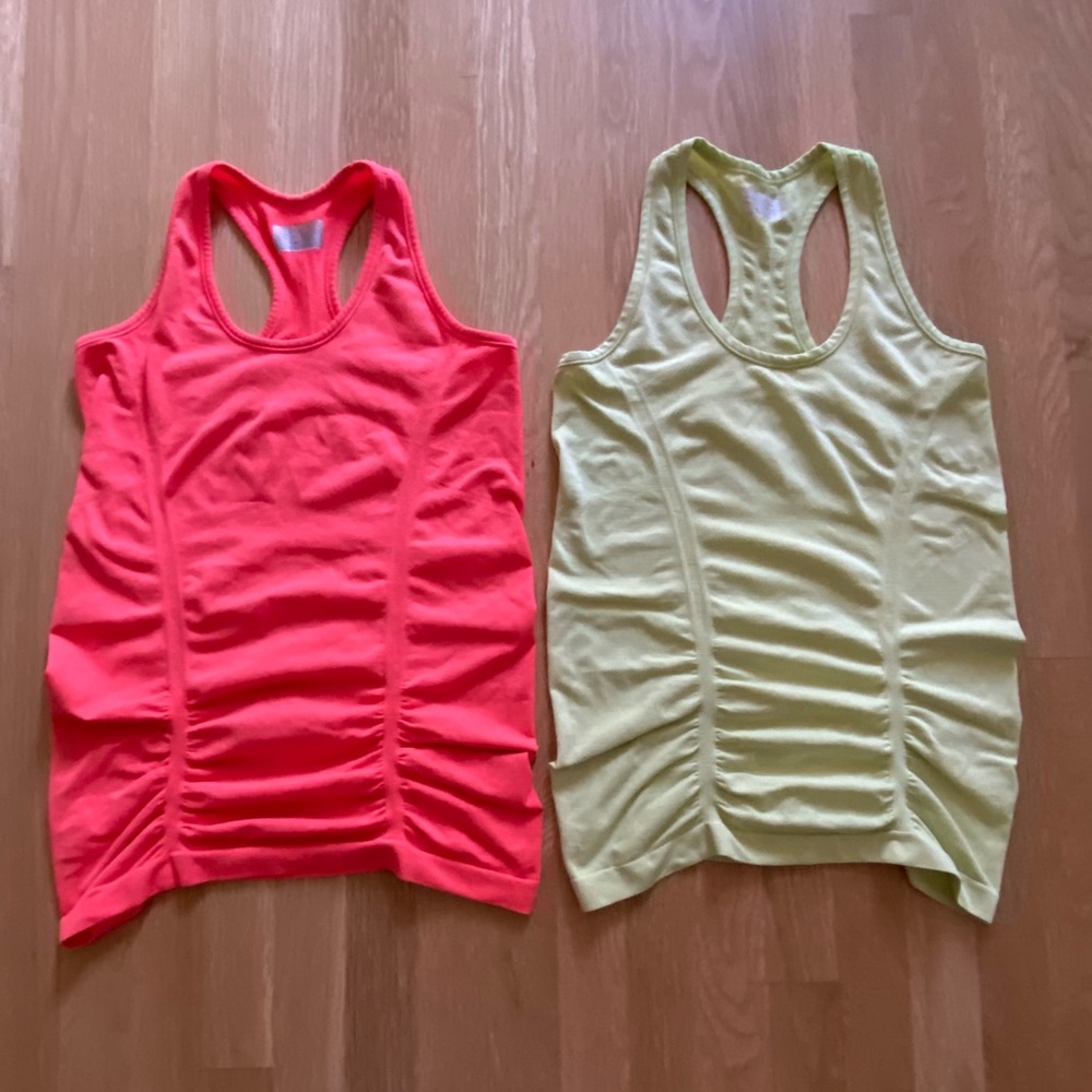 Athleta Set of 2 Womens Racer Back Tanks w Flattering Details /Lime / Orange / S